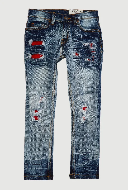 Men's Jeans with Elastic WaistbandsLittle Boys Patch and Repair Distressed Slim Jeans Men's Jeans with Elastic WaistbandsLittle Boys Patch and Repair Distressed Slim Jeans