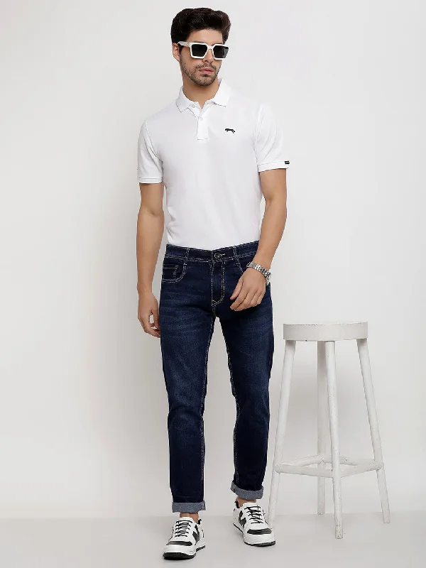 Yoked Back Men's JeansJUMP USA Men Dark Blue Relax Fit Mid-Rise Clean Look Stretchable Jeans