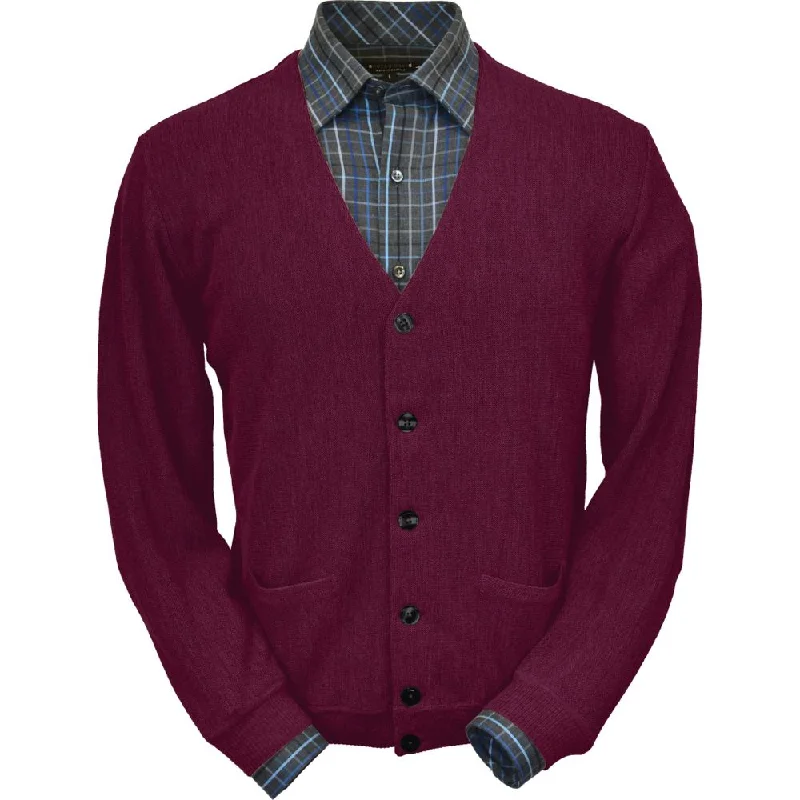 Men's Sweaters with Pleated DesignsBaby Alpaca 'Links Stitch' V-Neck Cardigan Sweater in Raspberry by Peru Unlimited