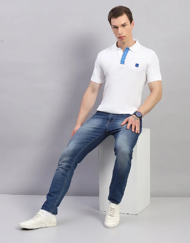 Men's Shirts with Raw-Edge HemlinesMen White Solid Polo Collar Half Sleeve T-Shirt