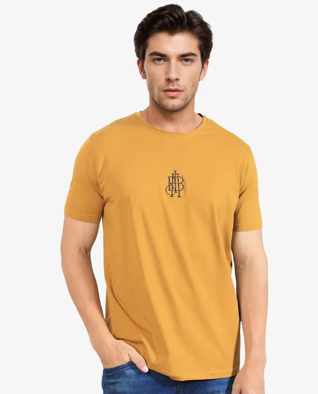 Men's Shirts with Snap ButtonsRare Rabbit Men's Ware Mustard Cotton Lycra Fabric Crew Neck Half Sleeves Regular Fit Embroidered Monogram T-Shirt Men's Shirts with Snap ButtonsRare Rabbit Men's Ware Mustard Cotton Lycra Fabric Crew Neck Half Sleeves Regular Fit Embroidered Monogram T-Shirt