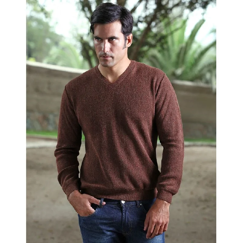 Men's Sweaters for Cold WeatherBaby Alpaca 'Links Stitch' V-Neck Sweater in Brown Heather (Size XX-Large) by Peru Unlimited