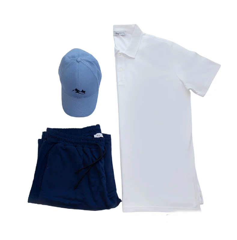 White Shirt/Blue Hat/Navy Shorts