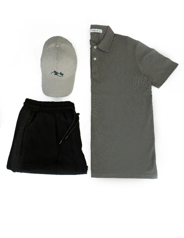 Gray Shirt/Gray Hat/Black Shorts
