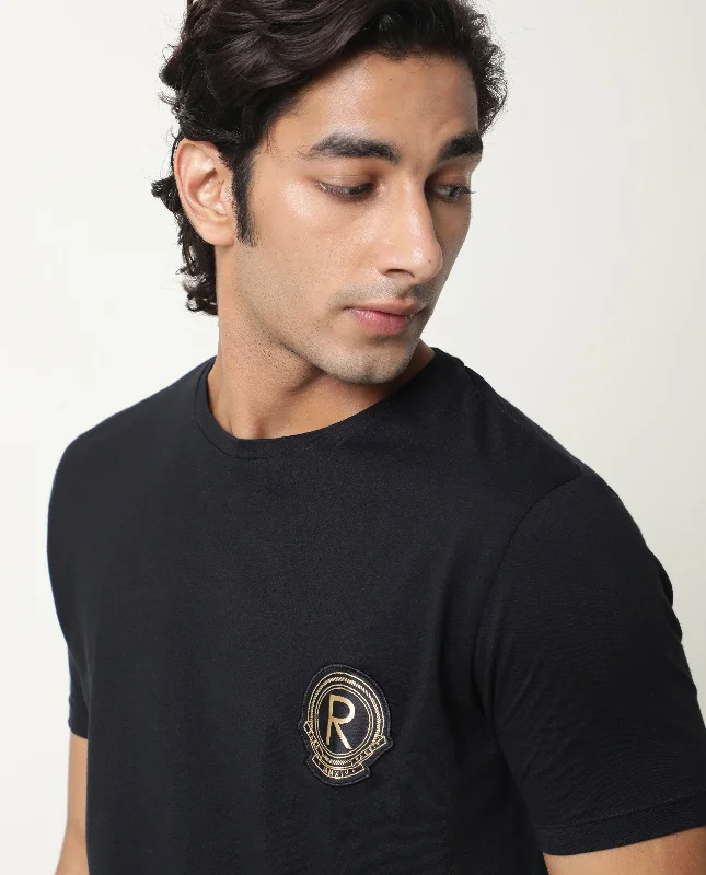 Men's Shirts with Abstract DesignsRare Rabbit Hugo Black Crew Neck Chest Logo Branding Half Sleeves Round Neck Slim Fit T-Shirt Men's Shirts with Abstract DesignsRare Rabbit Hugo Black Crew Neck Chest Logo Branding Half Sleeves Round Neck Slim Fit T-Shirt