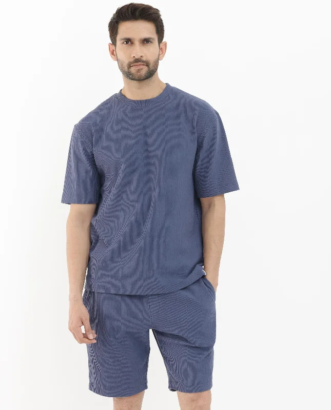 Men's Three-Quarter Sleeved TopsRare Rabbit Men's Breet Dusky Blue Cotton Lycra Fabric Short Sleeve Oversized Fit Solid T-Shirt