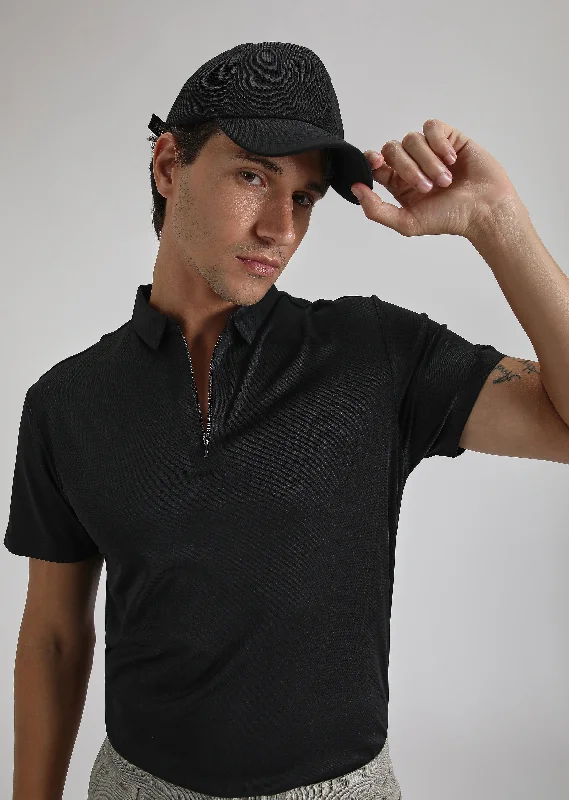Men's Shirts with Elastic WaistbandsBlack Zipper Stitchless Polo T-shirt