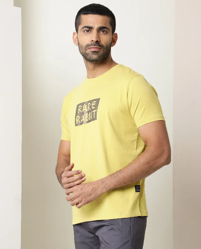 Men's Shirts with Cowl NecksRare Rabbit Men's Seal Yellow Cotton Lycra Fabric Crew Neck Half Sleeves Regular Fit Foil HD Print T-Shirt Men's Shirts with Cowl NecksRare Rabbit Men's Seal Yellow Cotton Lycra Fabric Crew Neck Half Sleeves Regular Fit Foil HD Print T-Shirt