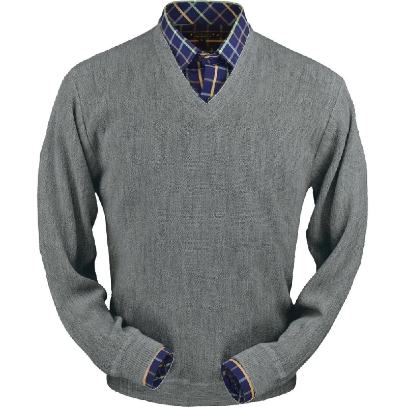 Men's Sweaters with Long SleevesBaby Alpaca 'Links Stitch' V-Neck Sweater in Sky Grey Heather by Peru Unlimited Men's Sweaters with Long SleevesBaby Alpaca 'Links Stitch' V-Neck Sweater in Sky Grey Heather by Peru Unlimited