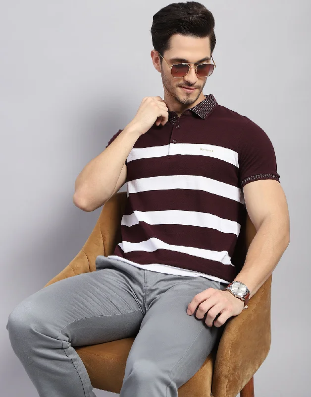 Men's Shirts with Hidden ButtonsMen Maroon Stripe Polo Collar Half Sleeve T-Shirt