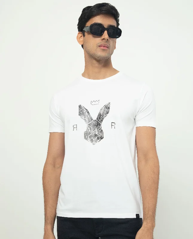 Men's Shirts with TiesRare Rabbit Men's Balta White Crew Neck HD Print Logo With Studs Half Sleeves Regular Fit T-Shirt Men's Shirts with TiesRare Rabbit Men's Balta White Crew Neck HD Print Logo With Studs Half Sleeves Regular Fit T-Shirt