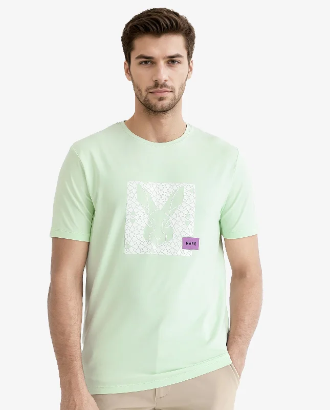 Men's Shirts with Floral PrintsRare Rabbit Men's Herald Light Green Crew Neck HD Print Logo and Branding Half Sleeves Regular Fit T-Shirt Men's Shirts with Floral PrintsRare Rabbit Men's Herald Light Green Crew Neck HD Print Logo and Branding Half Sleeves Regular Fit T-Shirt