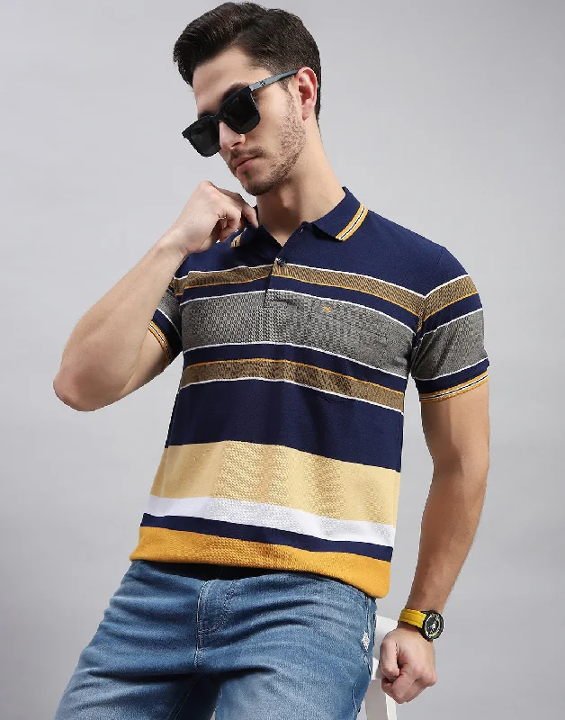Men's Shirts with Custom MonogramsMen Navy Blue Stripe Polo Collar Half Sleeve T-Shirt Men's Shirts with Custom MonogramsMen Navy Blue Stripe Polo Collar Half Sleeve T-Shirt