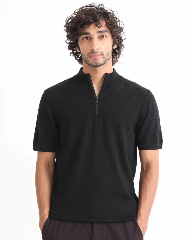Comfortable Men's Polo ShirtsRare Rabbit Men's Alfet Z Black Half Sleeves High Neck Zipper Collar Knitted T-Shirt Comfortable Men's Polo ShirtsRare Rabbit Men's Alfet Z Black Half Sleeves High Neck Zipper Collar Knitted T-Shirt