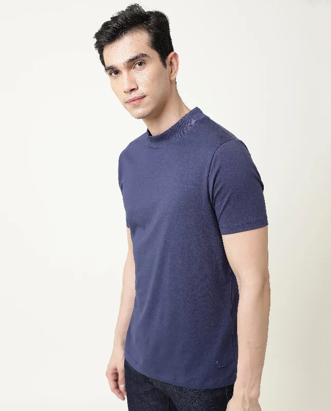 Men's Three-Quarter Sleeved TopsRare Rabbit Bit Primary Navy Solid Crew Neck Half Sleeves Slim Fit T-Shirt Men's Three-Quarter Sleeved TopsRare Rabbit Bit Primary Navy Solid Crew Neck Half Sleeves Slim Fit T-Shirt