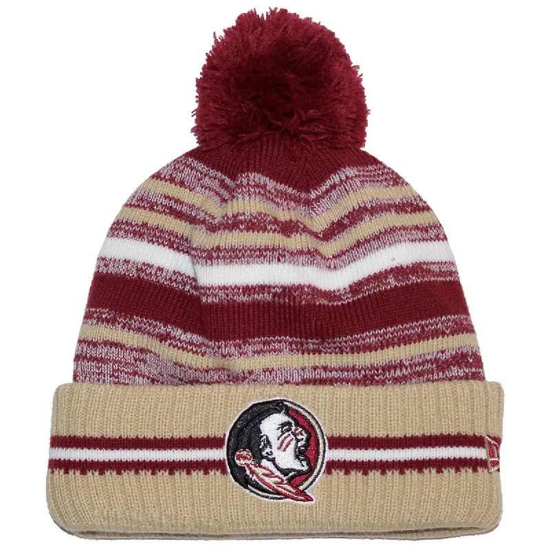 Protective Safety HatsNew Era Seminole Logo Striped Fleece Lined Pom Knit Cap - Garnet/Gold
