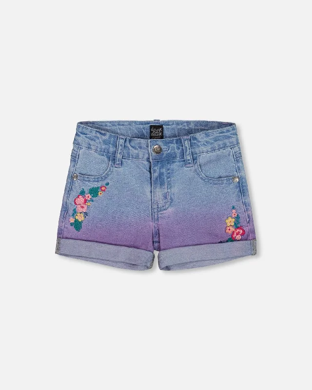 Practical Men's Work ShortsCuffed Denim Shorts With Embroidery Floral Jeans Blue