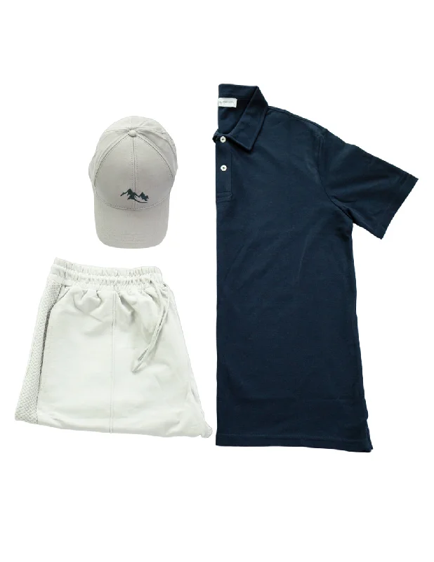 Navy Shirt/Gray Hat/Gray Shorts