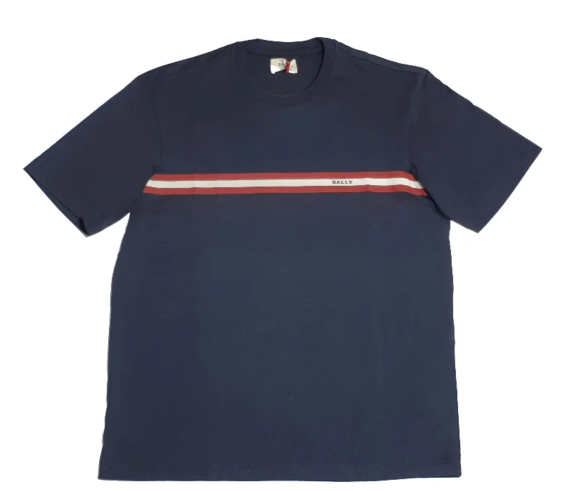 Classic Men's Button-Up ShirtsBally 6233735 Men's Navy Blue 100% Cotton Striped Logo T-Shirt Classic Men's Button-Up ShirtsBally 6233735 Men's Navy Blue 100% Cotton Striped Logo T-Shirt