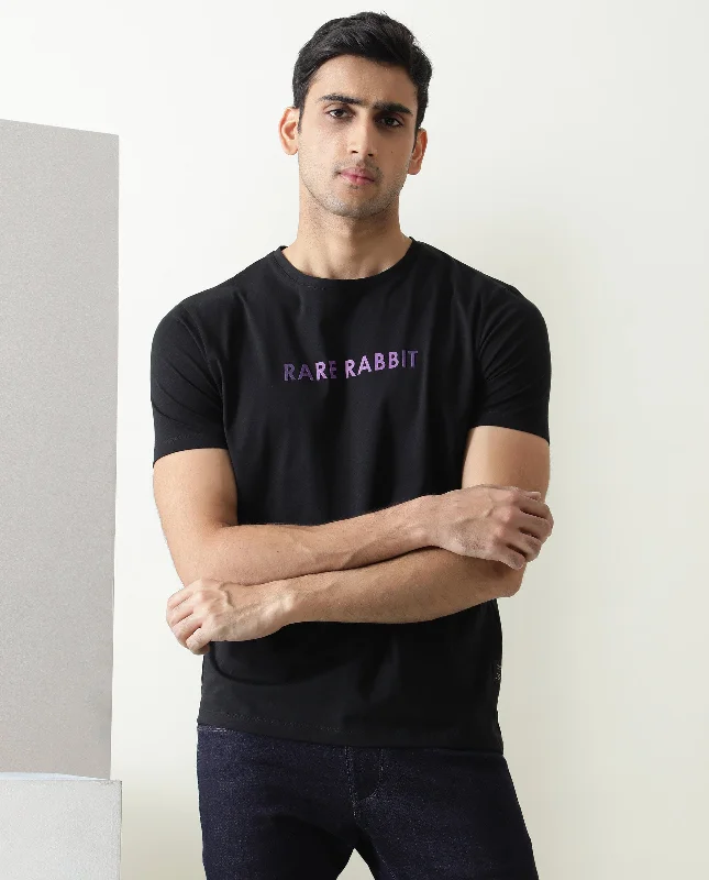 Men's Shirts with Embellished HemlinesRare Rabbit Men's Grady Black Crew Neck HD Print Branding Half Sleeves Regular Fit T-Shirt Men's Shirts with Embellished HemlinesRare Rabbit Men's Grady Black Crew Neck HD Print Branding Half Sleeves Regular Fit T-Shirt