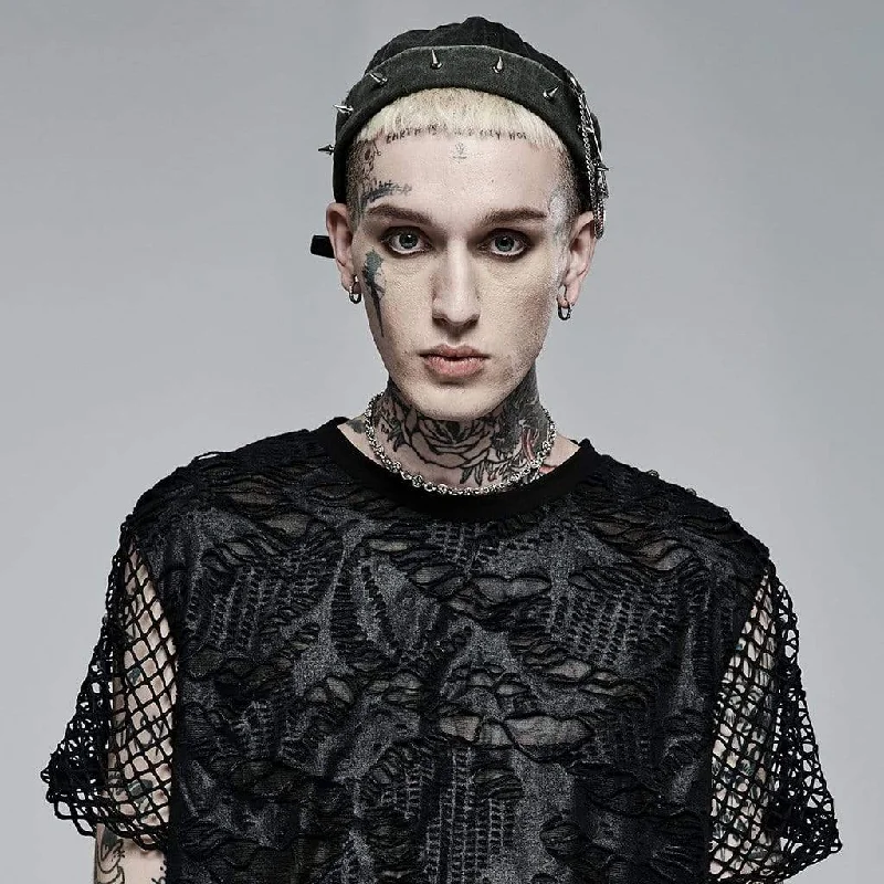 Patterned Beanie CapsMen's Punk Rivet Denim Hat with Clip Chain