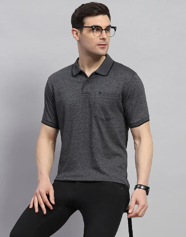 Layered Men's VestsMen Charcoal Printed Polo Collar Half Sleeve T-Shirt