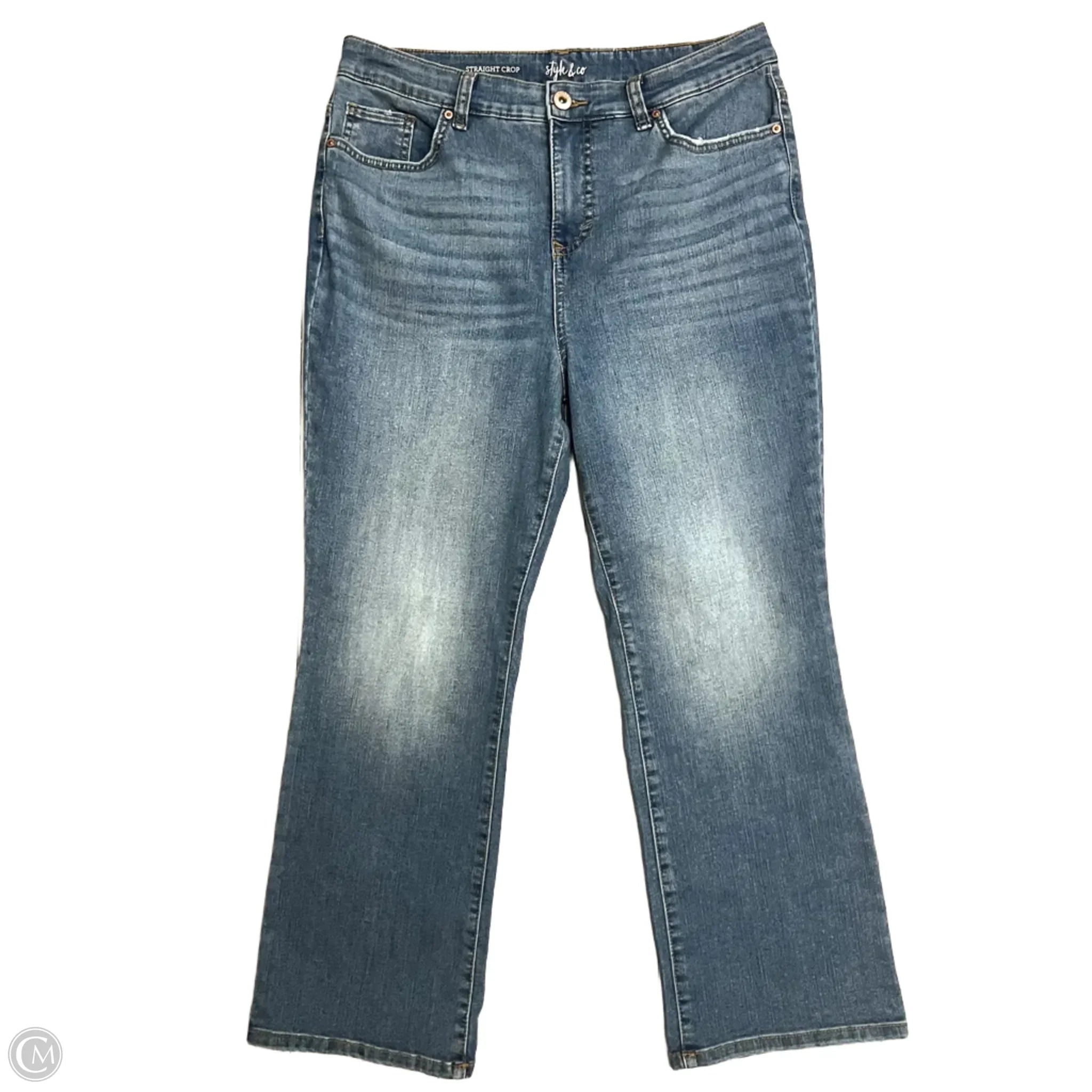 Leather Patch Embellished Men's JeansJeans Cropped By Style And Company In Blue Denim, Size: 12 Leather Patch Embellished Men's JeansJeans Cropped By Style And Company In Blue Denim, Size: 12