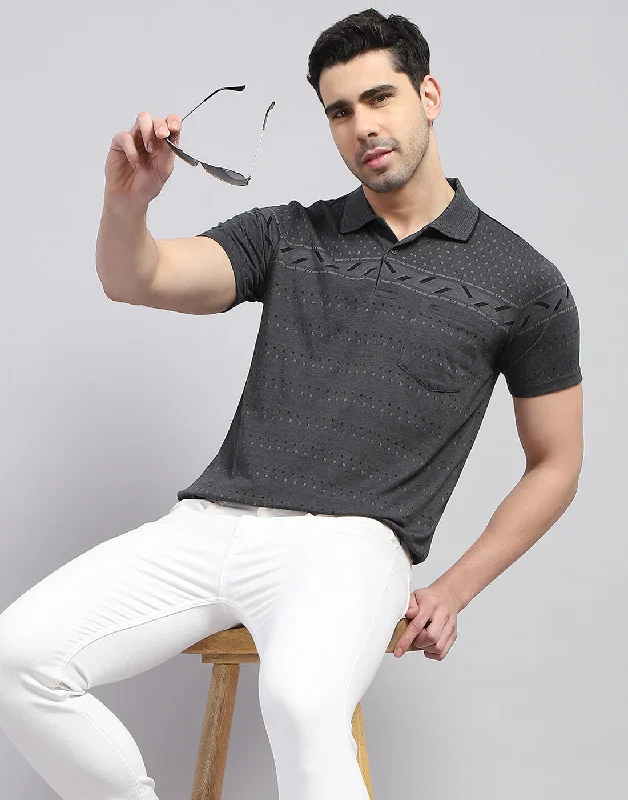 Stylish Men's HenleysMen Charcoal Printed Polo Collar Half Sleeve T-Shirt