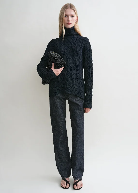 Men's Sweaters with Zip-Up CollarsHigh-neck cable knit navy