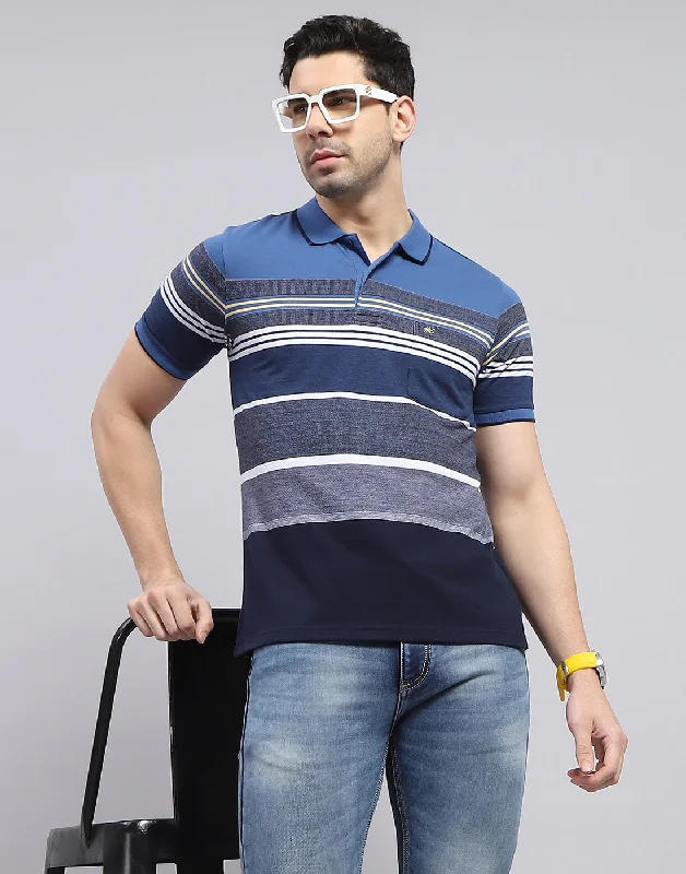Men's Shirts with Button-Down PocketsMen Blue Stripe Polo Collar Half Sleeve T-Shirt Men's Shirts with Button-Down PocketsMen Blue Stripe Polo Collar Half Sleeve T-Shirt