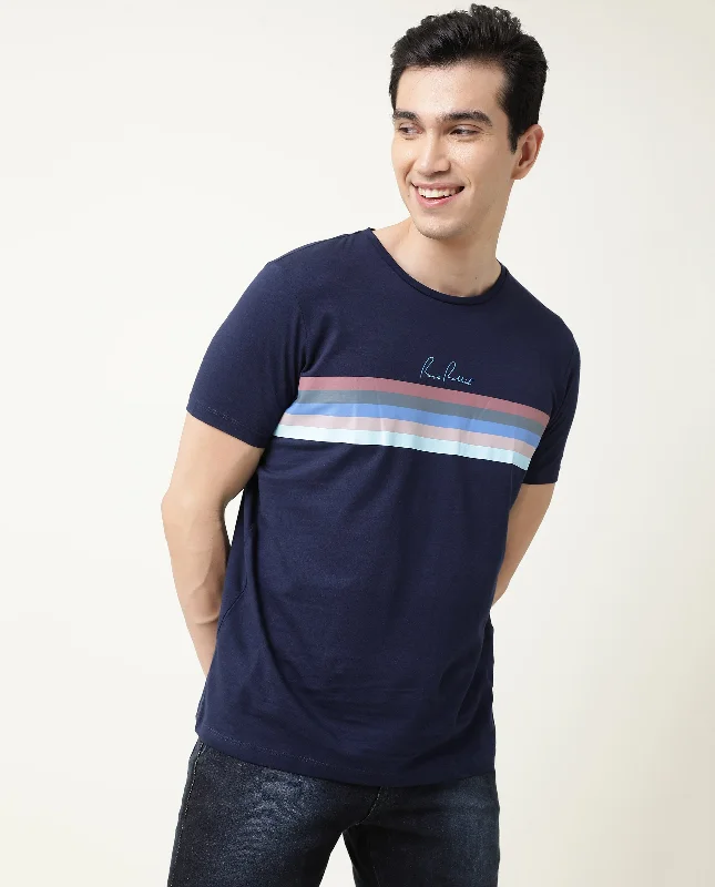 Men's Shirts with Rounded HemlinesRare Rabbit Men's Noble Navy Crew Neck Colorblock Stripe Half Sleeves Slim Fit T-Shirt Men's Shirts with Rounded HemlinesRare Rabbit Men's Noble Navy Crew Neck Colorblock Stripe Half Sleeves Slim Fit T-Shirt