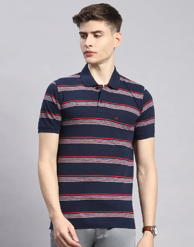 Men's Shirts with Pocket SquaresMen Navy Blue Stripe Polo Collar Half Sleeve T-Shirt Men's Shirts with Pocket SquaresMen Navy Blue Stripe Polo Collar Half Sleeve T-Shirt