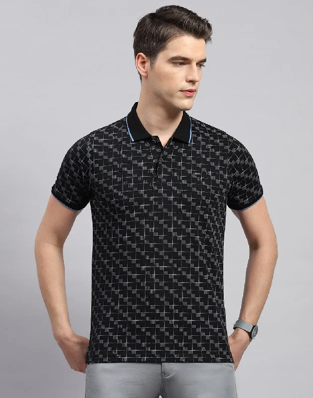 Men's Unique and Designer TopsMen Black Printed Polo Collar Half Sleeve T-Shirt