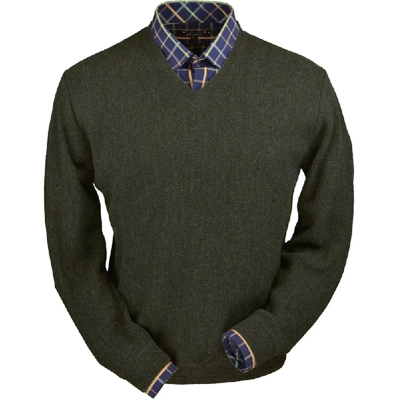 Men's Sweaters with Set-In SleevesBaby Alpaca 'Links Stitch' V-Neck Sweater in Pine Olive Heather by Peru Unlimited Men's Sweaters with Set-In SleevesBaby Alpaca 'Links Stitch' V-Neck Sweater in Pine Olive Heather by Peru Unlimited