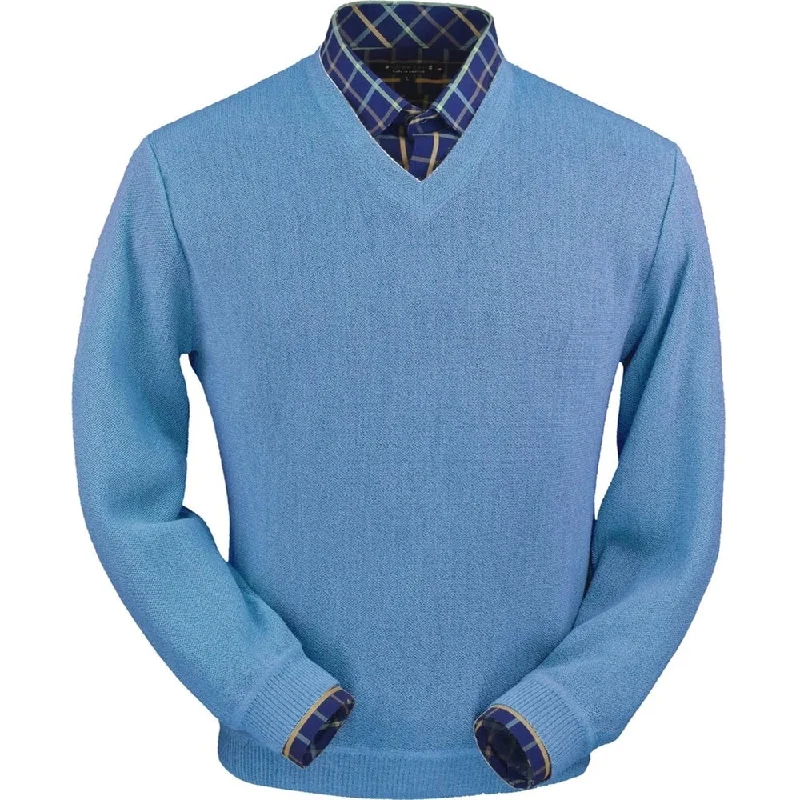 Casual Men's Pullover SweatersBaby Alpaca 'Links Stitch' V-Neck Sweater in Coastal Heather by Peru Unlimited Casual Men's Pullover SweatersBaby Alpaca 'Links Stitch' V-Neck Sweater in Coastal Heather by Peru Unlimited