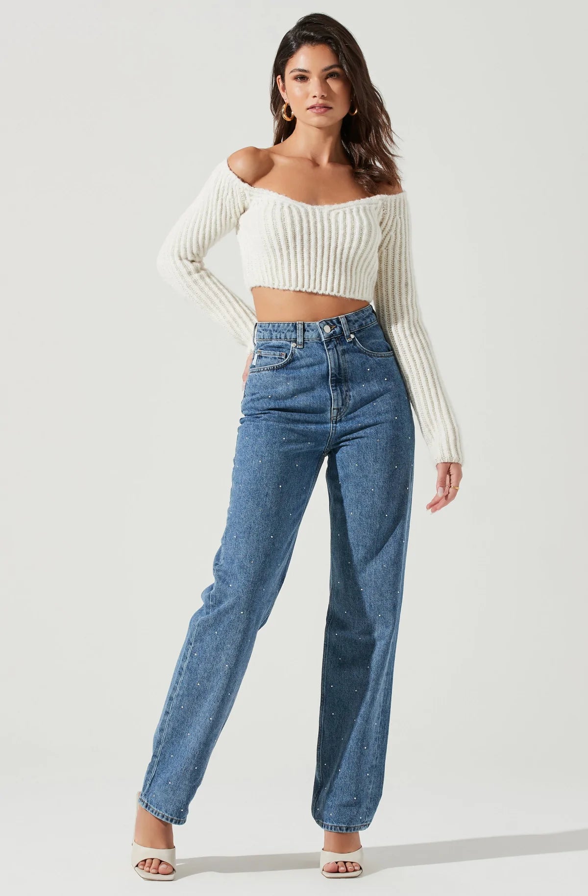 Men's Sweaters with Embroidered DesignsMALLORY CROPPED OFF SHOULDER SWEATER