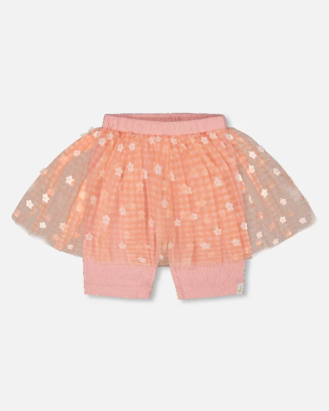 Men's Stylish Pattern ShortsCrinkle Biker Short With Flower Mesh Skirt Light Old Pink