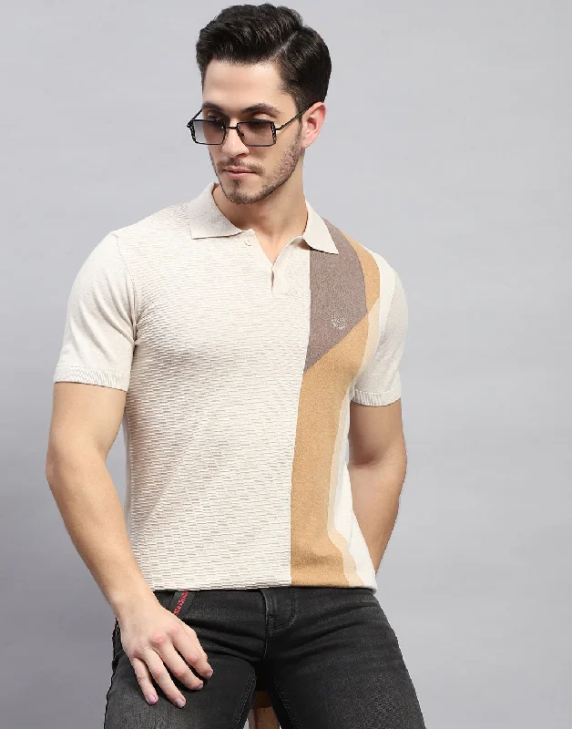 Men's Shirts with Animal PrintsMen Beige Stripe Polo Collar Half Sleeve T-Shirt
