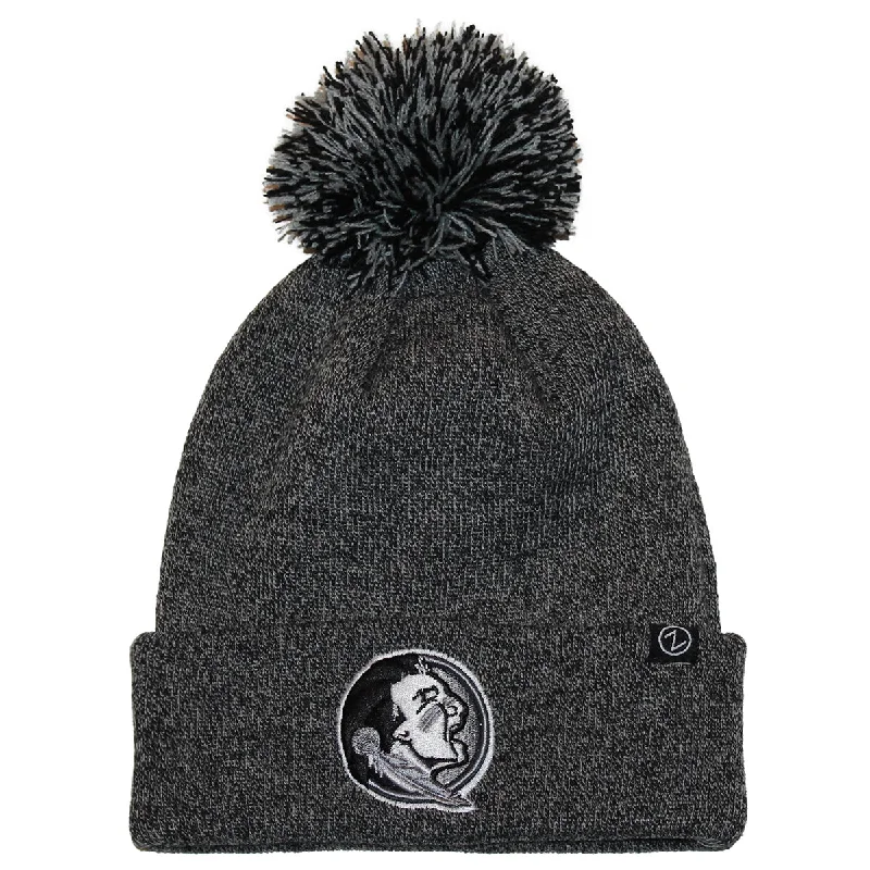 Oversized Bucket HatsZephyr Seminole Logo Cuff Knit Pom Beanie - Black/Grey