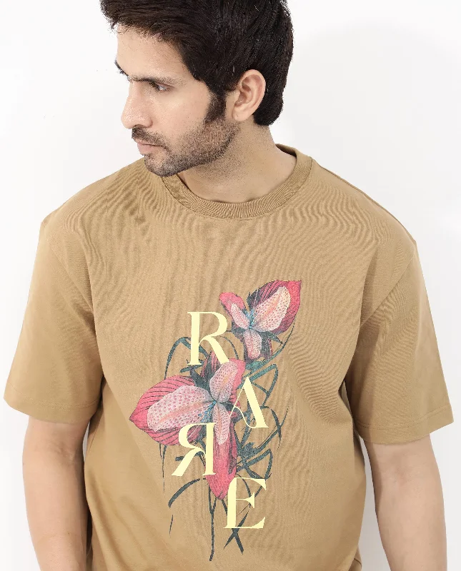 Men's Long-Sleeved ShirtsRare Rabbit Articale Mens Tate Brown Cotton Fabric Short Sleeve Crew Neck Oversized Fit Printed T-Shirt