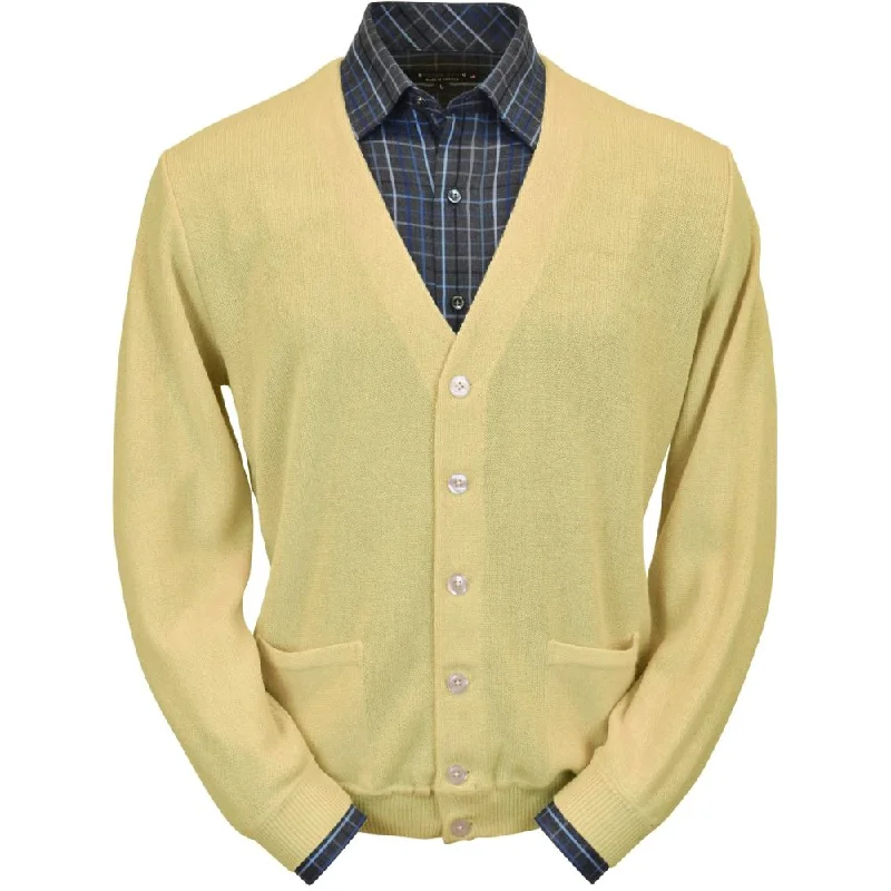 Men's Sweaters with Patchwork DesignsBaby Alpaca 'Links Stitch' V-Neck Cardigan Sweater in Yellow by Peru Unlimited
