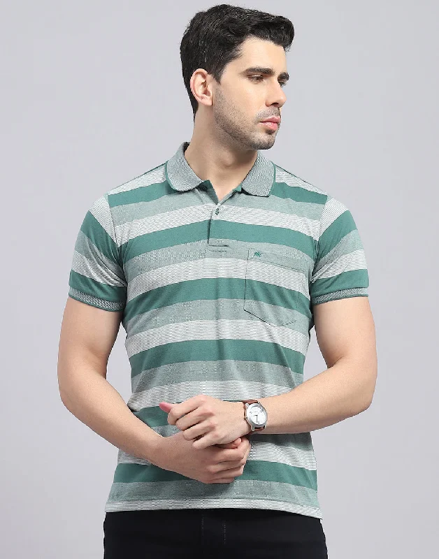 Men's Shirts with Graphic SleevesMen Green Stripe Polo Collar Half Sleeve T-Shirt