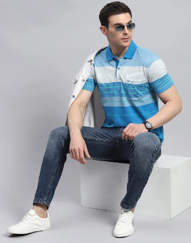 Men's Shirts with Scoop NecksMen Blue Stripe Polo Collar Half Sleeve T-Shirt
