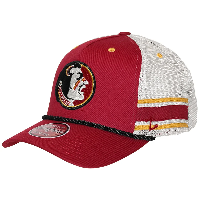 Warm Winter BeaniesZephyr Vault Seminole Logo Design Rope Detail Adjustable Trucker Cap - Cardinal/White Warm Winter BeaniesZephyr Vault Seminole Logo Design Rope Detail Adjustable Trucker Cap - Cardinal/White