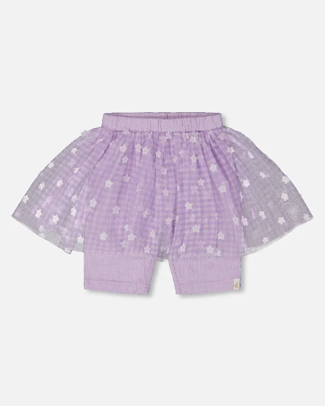 Comfortable Men's Lounge ShortsCrinkle Biker Short With Flower Mesh Skirt Lilac With White Flowers Comfortable Men's Lounge ShortsCrinkle Biker Short With Flower Mesh Skirt Lilac With White Flowers