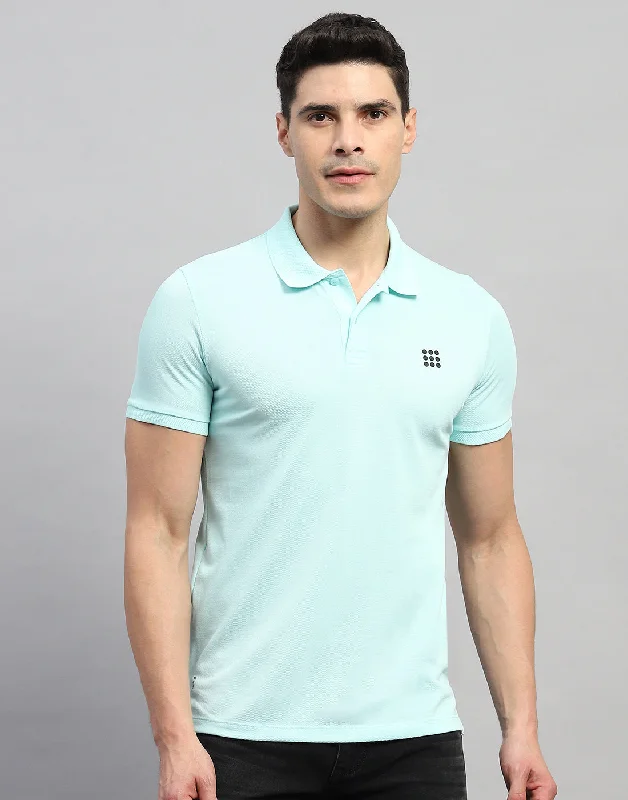 Breathable Men's Mesh TopsMen Sea Blue Solid Polo Collar Half Sleeve T-Shirt