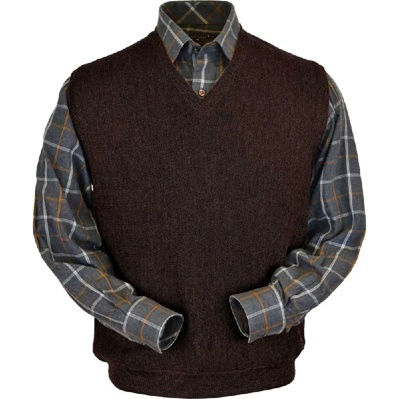 Men's Sweaters in Bright ColorsBaby Alpaca 'Links Stitch' V-Neck Sweater Vest in Dark Brown Heather by Peru Unlimited