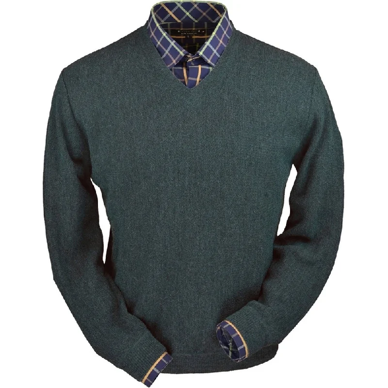 Striped Men's SweatersBaby Alpaca 'Links Stitch' V-Neck Sweater in Bluegrass Heather (Size XX-Large) by Peru Unlimited Striped Men's SweatersBaby Alpaca 'Links Stitch' V-Neck Sweater in Bluegrass Heather (Size XX-Large) by Peru Unlimited