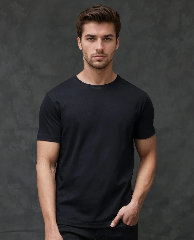 Durable Men's Work ShirtsRare Rabbit Men's Gis Black Cotton Fabric Crew Neck Half Sleeves Regular Fit Solid T-Shirt