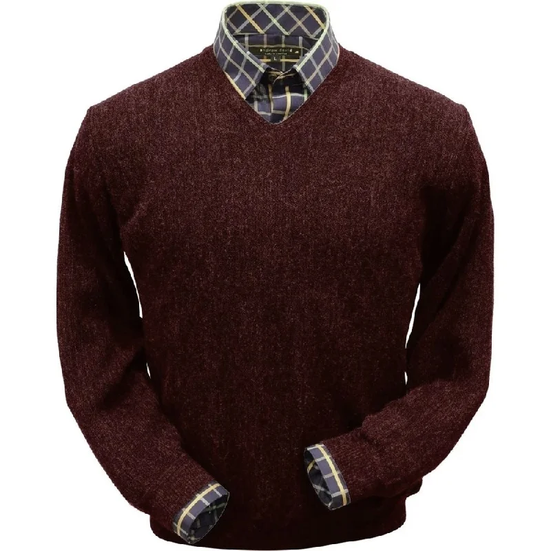 Men's Sweaters with Mock-Neck DesignsBaby Alpaca 'Links Stitch' V-Neck Sweater in Wine Heather by Peru Unlimited Men's Sweaters with Mock-Neck DesignsBaby Alpaca 'Links Stitch' V-Neck Sweater in Wine Heather by Peru Unlimited